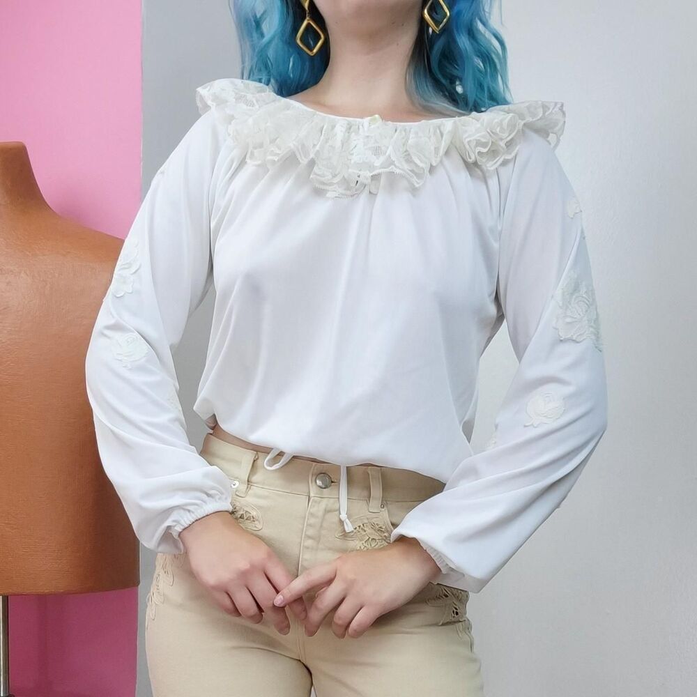 70s White Lace Trim Peasant Blouse